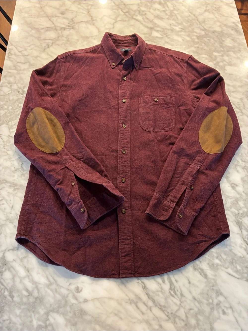 J. Crew Men's Burgundy flannel Button-Down Shirt with Tan Elbow Patches